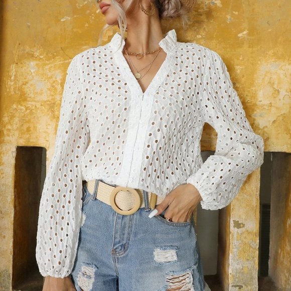 Boho Eyelet Embroidery Frill Trim Lantern Sleeve Blouse - Picture 1 of 5